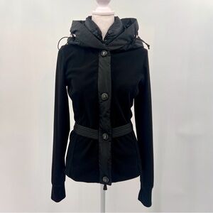 Moncler vintage Black fitted jacket fleece, puffer hood, belted S